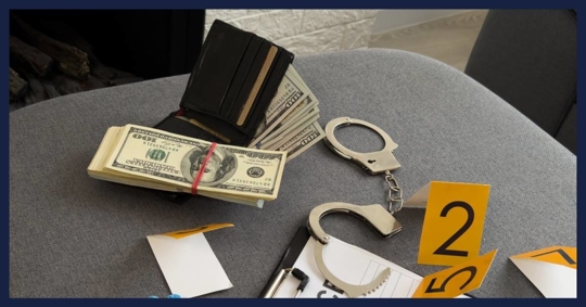 Money, handcuffs and fingerprint record sheets