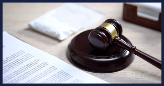 Wooden gavel next to a baggie of white powder.